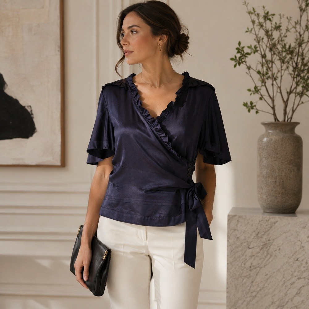 Marc by Marc Jacobs Wrap Blouse Navy Blue Silk Ruffle Side Tie Designer 6